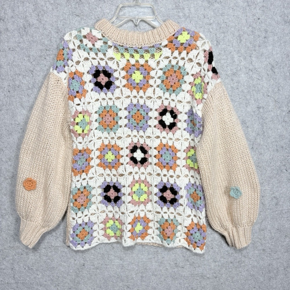 Listicle Granny Square Crochet Sweater S Boho Cottagecore Balloon Sleeve - Picture 2 of 11